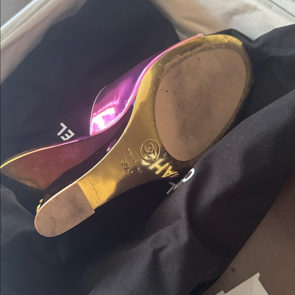 CHANEL Laminated Calfskin Wedge Mules 37.5 Pink Orange Yellow Multicolor CC logo - Picture 9 of 13